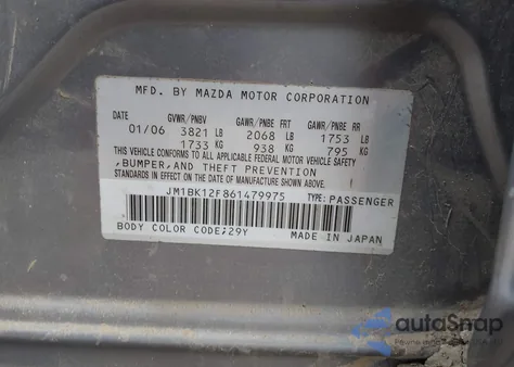2006 Mazda Mazda3 I from USA, damaged, VIN JM1BK12F861479975